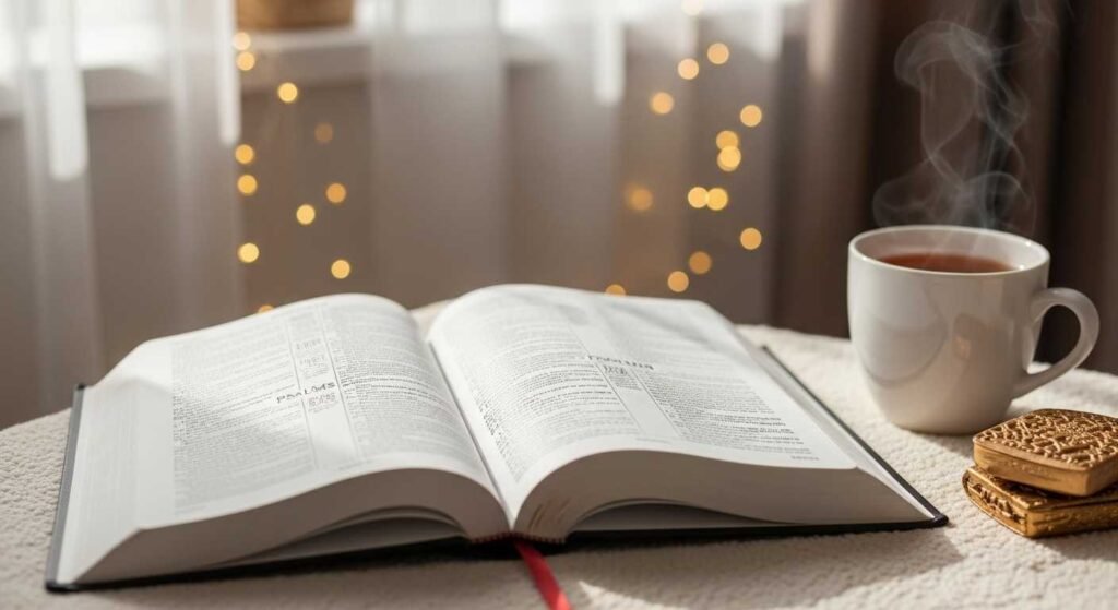 Quem escreveu os Salmos? uma Bíblia aberta no Livro de Salmos, com uma xícara de chá ao lado.